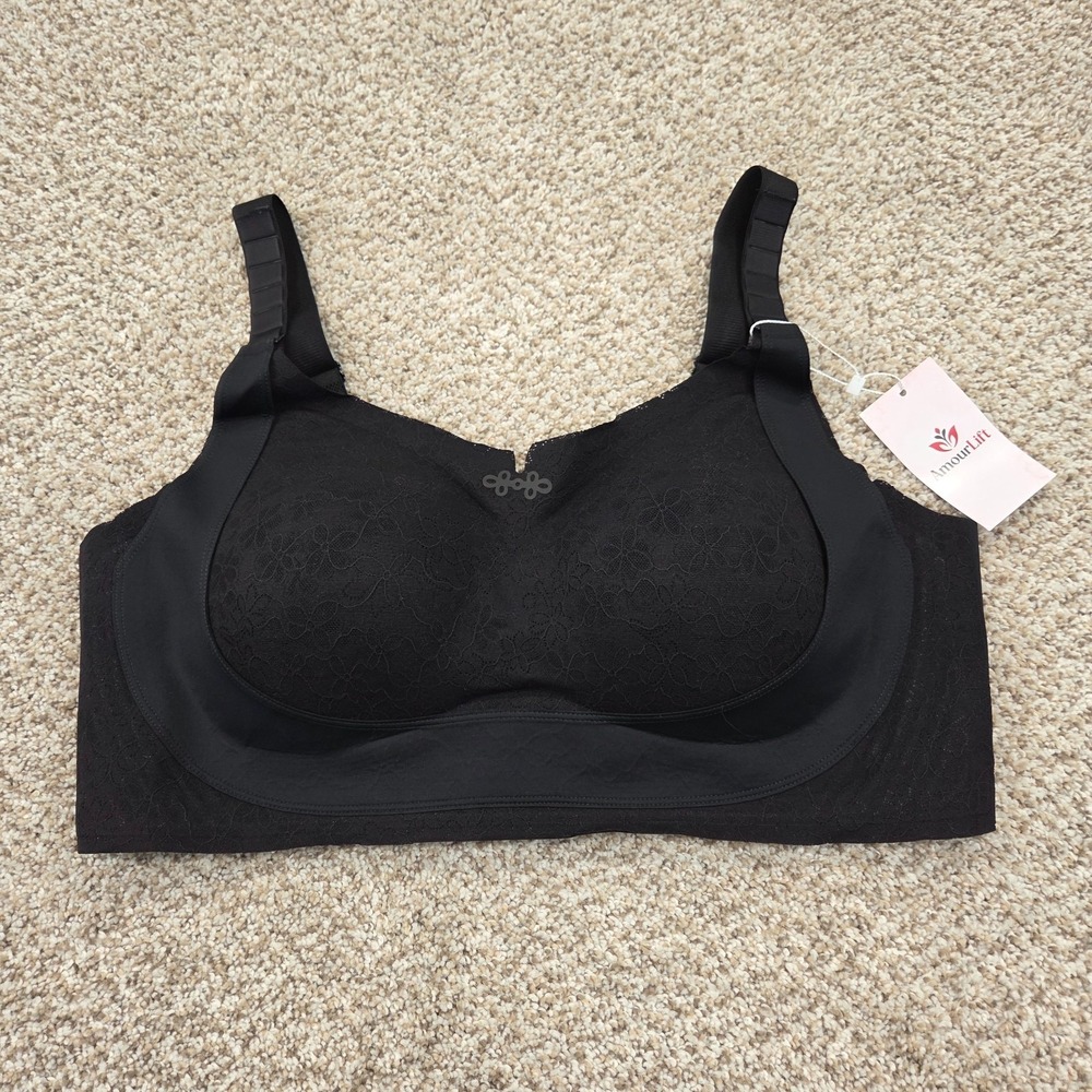NEW AmourLift Seamless Wireless PushUp Bra Breast Lifter Straps 3XL Floral Black